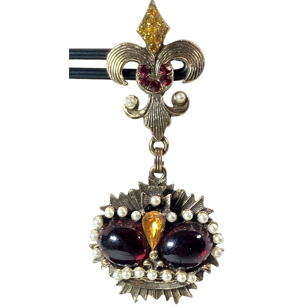 Signed Weiss Crown Dangle Brooch Red Cabochon Faux Pearl Gold Tone Vintage